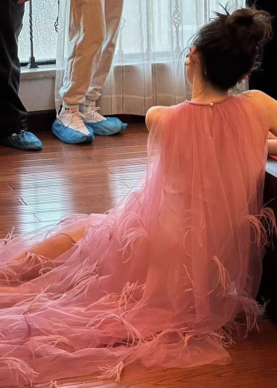 Pink O Neck Feather Patchwork Tulle Maxi Dress Sleeveless