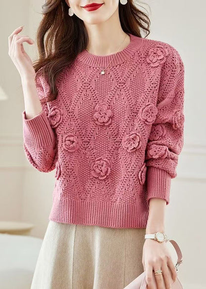 Pink O Neck Hollow Out Knit Sweater Spring