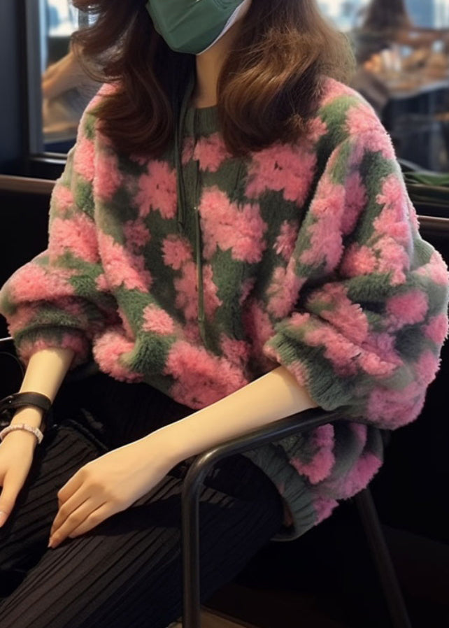Pink O Neck Jacquard Faux Fur Knit Sweaters Spring
