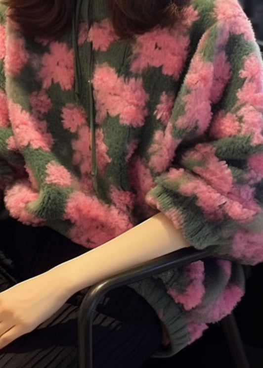 Pink O Neck Jacquard Faux Fur Knit Sweaters Spring