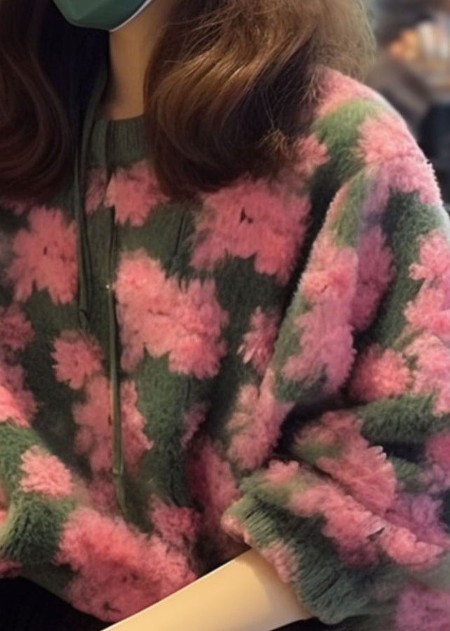 Pink O Neck Jacquard Faux Fur Knit Sweaters Spring