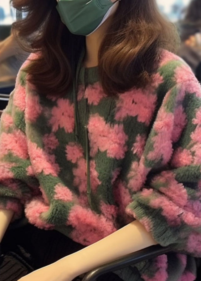 Pink O Neck Jacquard Faux Fur Knit Sweaters Spring