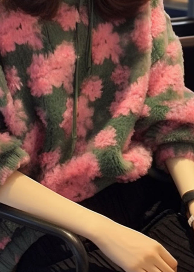 Pink O Neck Jacquard Faux Fur Knit Sweaters Spring
