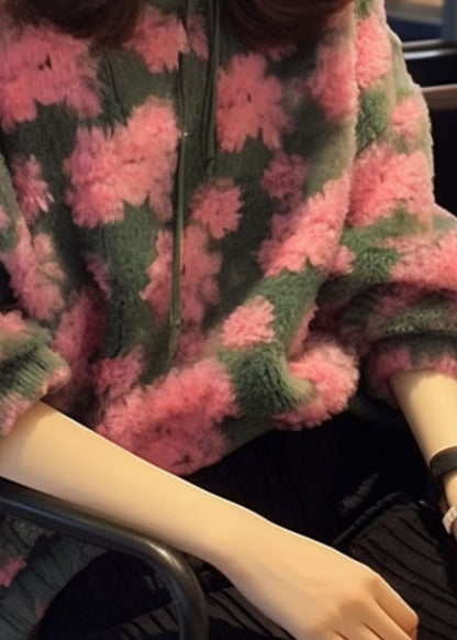 Pink O Neck Jacquard Faux Fur Knit Sweaters Spring