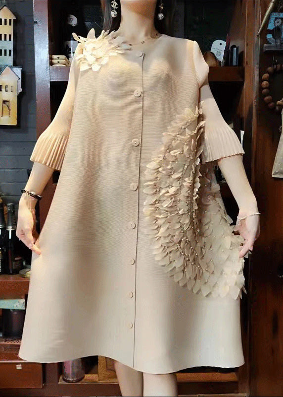 Pink O-neck Nail Bead Button Long Dress Long Sleeve
