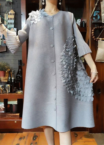 Pink O-neck Nail Bead Button Long Dress Long Sleeve