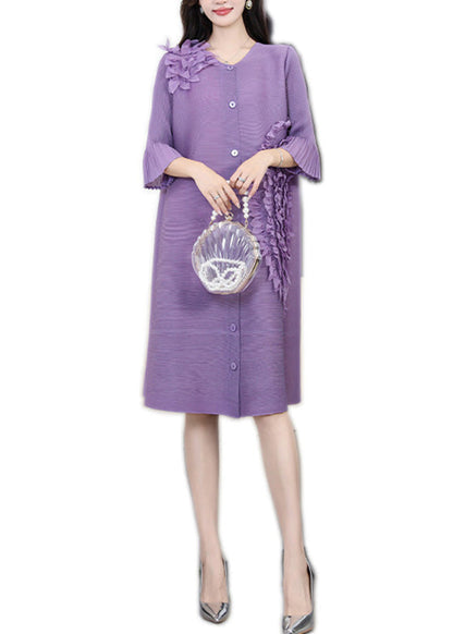 Pink O-neck Nail Bead Button Long Dress Long Sleeve