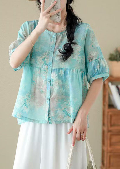 Pink O Neck Print Patchwork Cotton Shirts Summer
