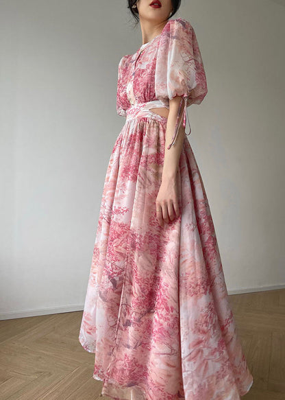 Pink O Neck Print Side Open Silk Long Dresses Summer