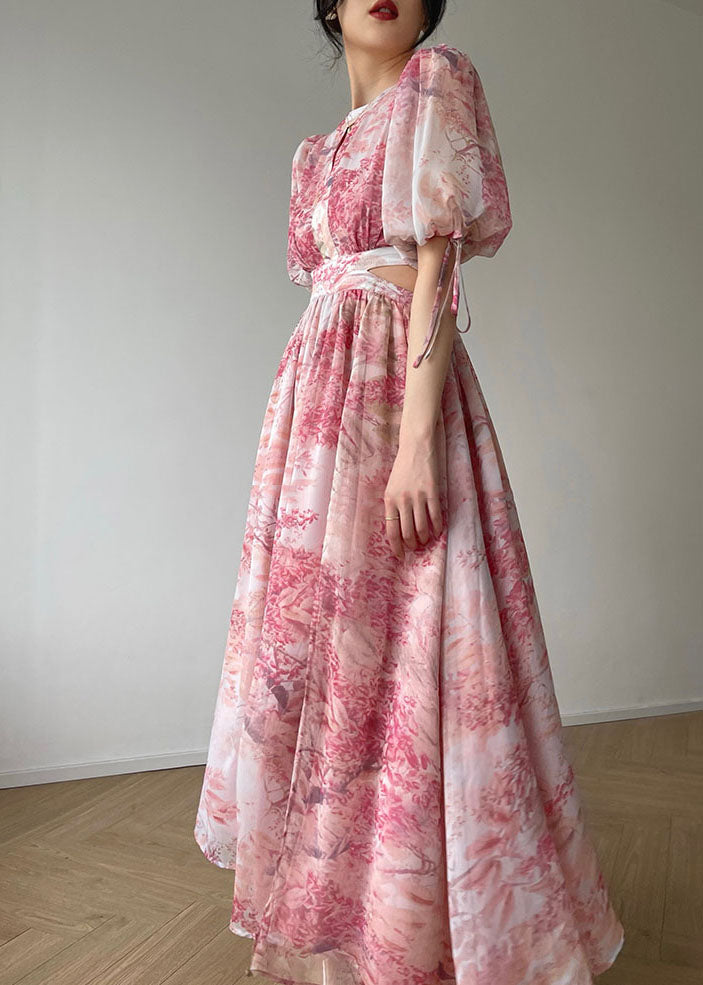 Pink O Neck Print Side Open Silk Long Dresses Summer
