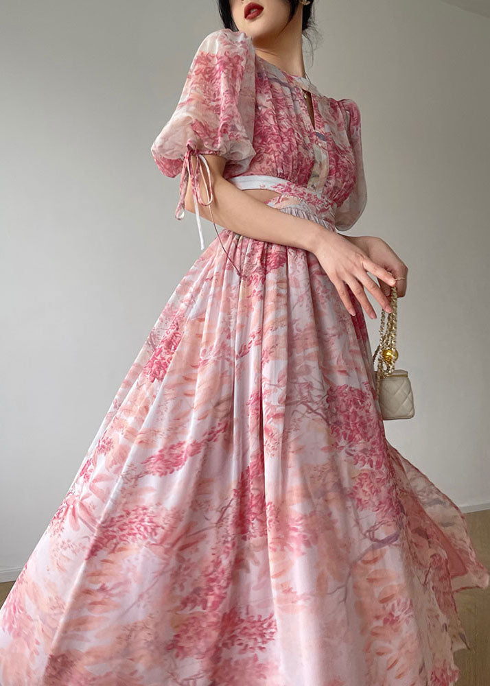 Pink O Neck Print Side Open Silk Long Dresses Summer