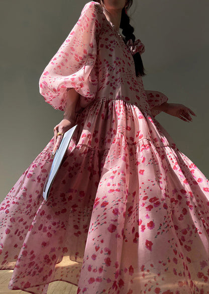 Pink O-neck Print Silk Long Dresses Spring