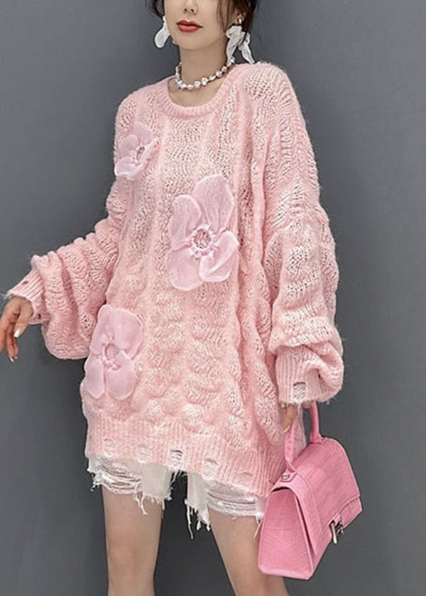 Pink Oversized Hollow Out Applique Knit Sweater Tops Winter