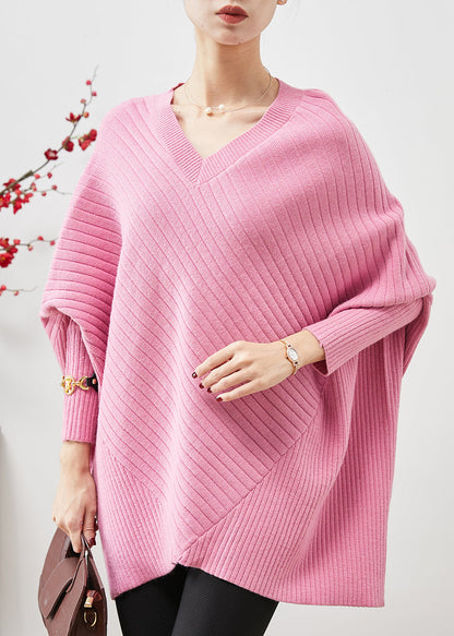Pink Oversized Patchwork Knit Top Batwing Sleeve
