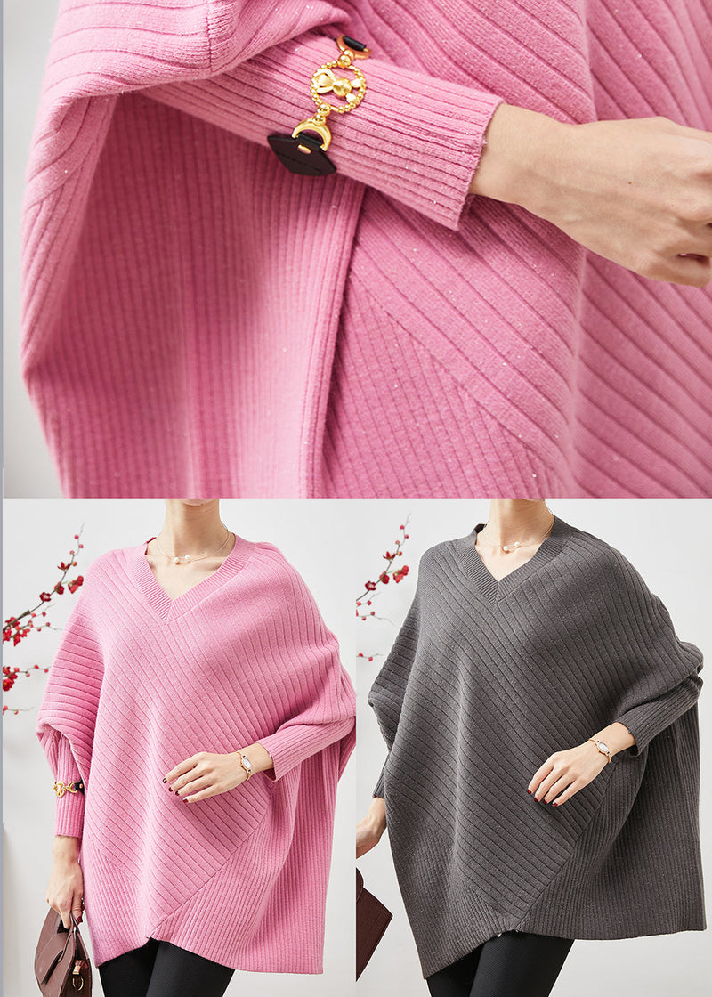 Pink Oversized Patchwork Knit Top Batwing Sleeve