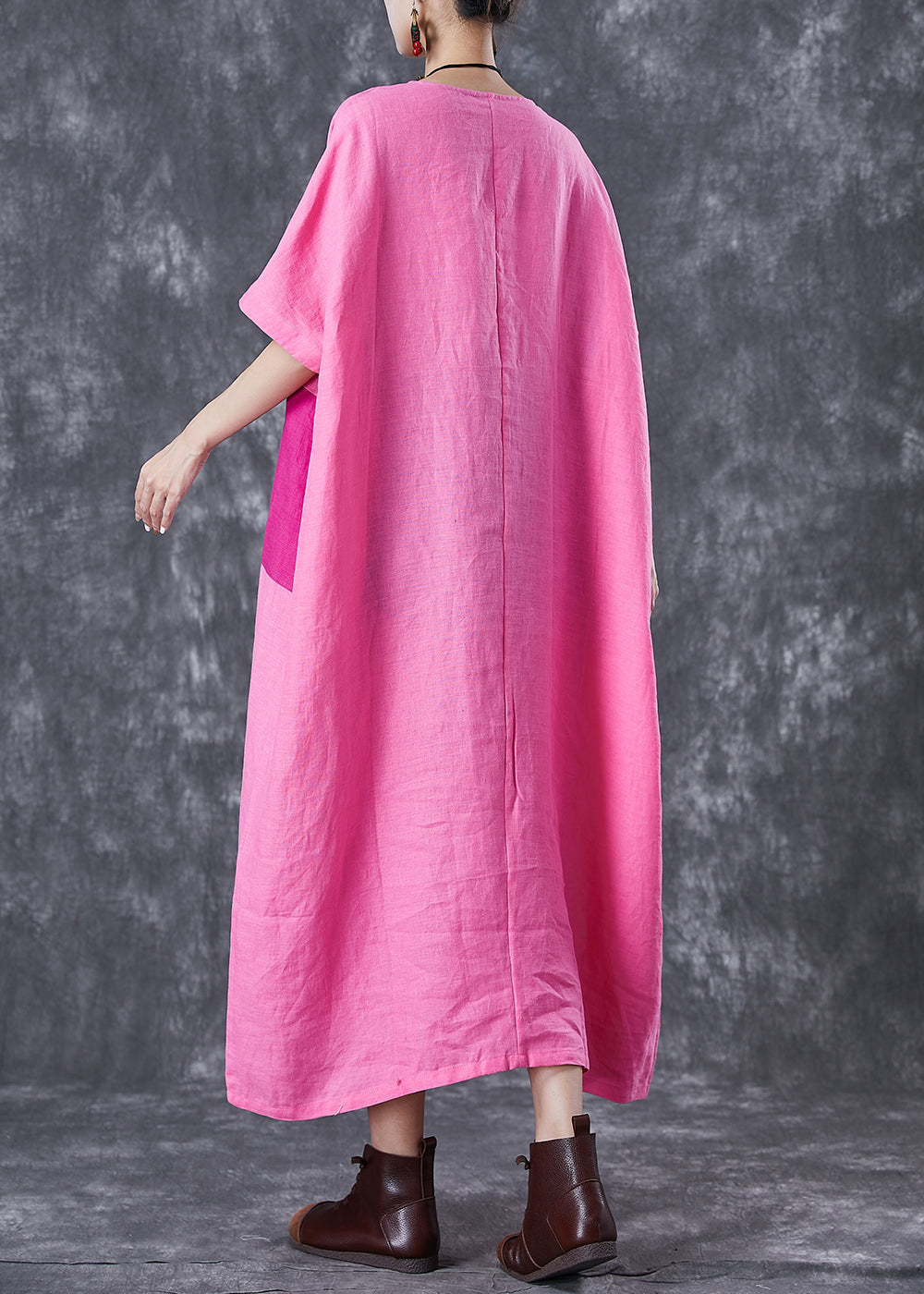 Pink Oversized Patchwork Linen Ankle Dress Batwing Sleeve