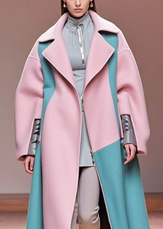 Pink Oversized Patchwork Woolen Coat Outwear Fall