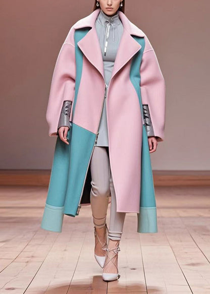 Pink Oversized Patchwork Woolen Coat Outwear Fall