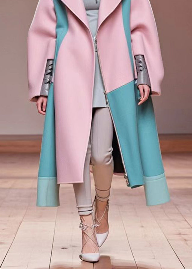 Pink Oversized Patchwork Woolen Coat Outwear Fall