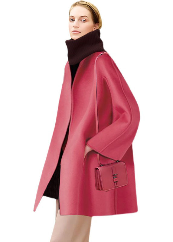 Pink Oversized Pockets Woolen Coats Winter