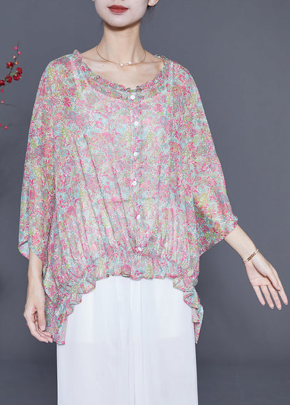 Pink Oversized Print Wrinkled Shirt Top Summer