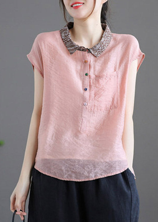Pink Peter Pan Collar Patchwork Button Linen Short Sleeve