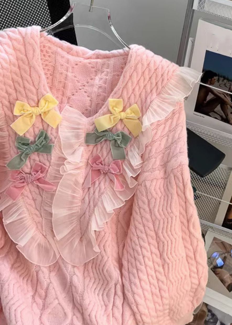 Pink Peter Pan Collar Patchwork Cotton Knit Sweaters Fall