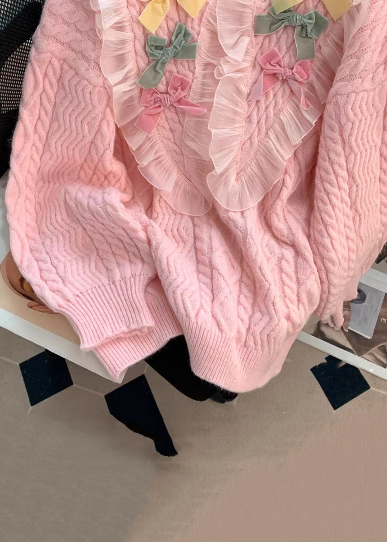 Pink Peter Pan Collar Patchwork Cotton Knit Sweaters Fall