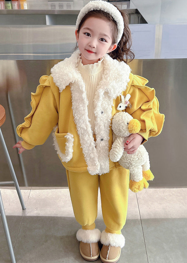 Pink Peter Pan Collar Patchwork Warm Fleece Coats Beam Pants and Two Pieces Set Winter