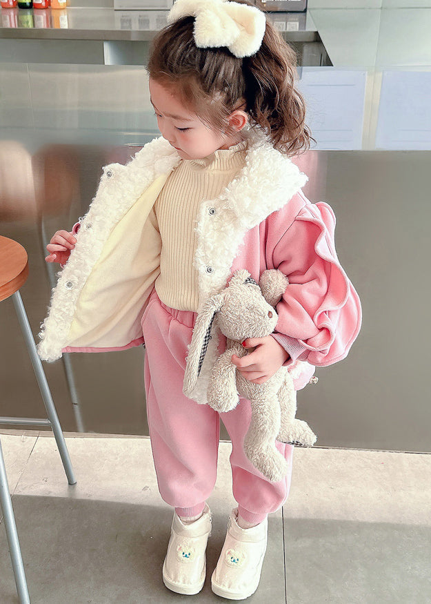 Pink Peter Pan Collar Patchwork Warm Fleece Coats Beam Pants and Two Pieces Set Winter