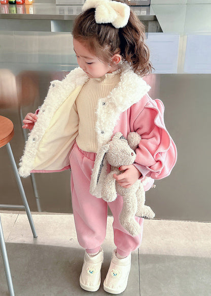 Pink Peter Pan Collar Patchwork Warm Fleece Coats Beam Pants and Two Pieces Set Winter