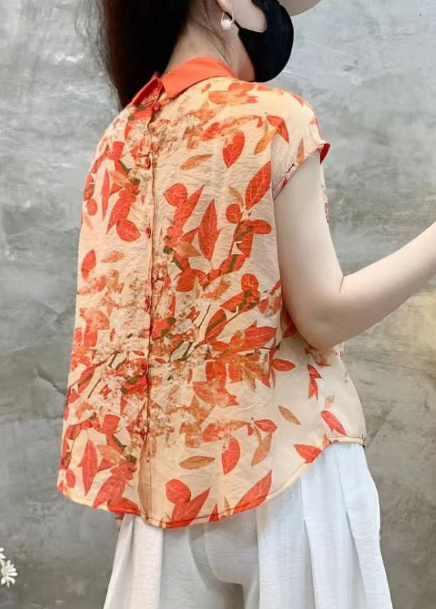 Pink Peter Pan Collar Print Cotton Tops Summer