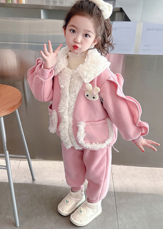 Pink Peter Pan Collar Warm Fleece Coats and Beam Pants Two Pieces Set Winter