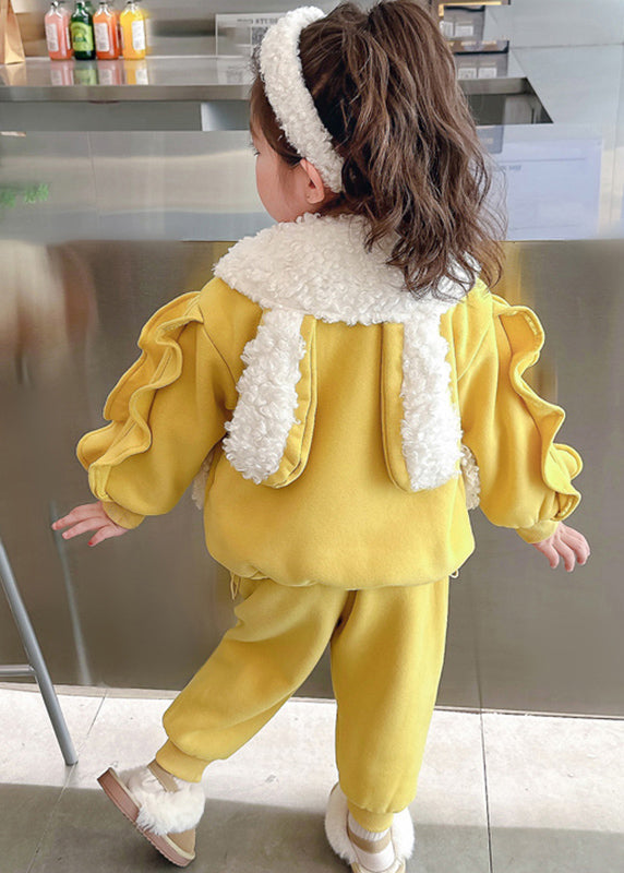 Pink Peter Pan Collar Warm Fleece Coats and Beam Pants Two Pieces Set Winter