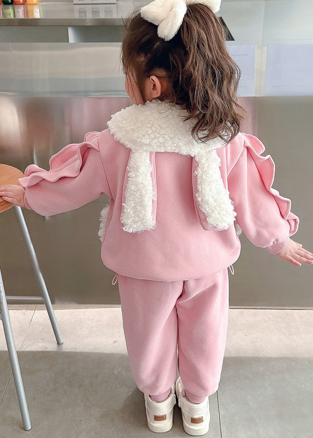 Pink Peter Pan Collar Warm Fleece Coats and Beam Pants Two Pieces Set Winter