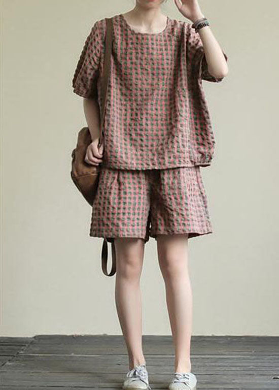 Pink Plaid Patchwork Tops and Shorts Cotton Two Piece Suit Summer