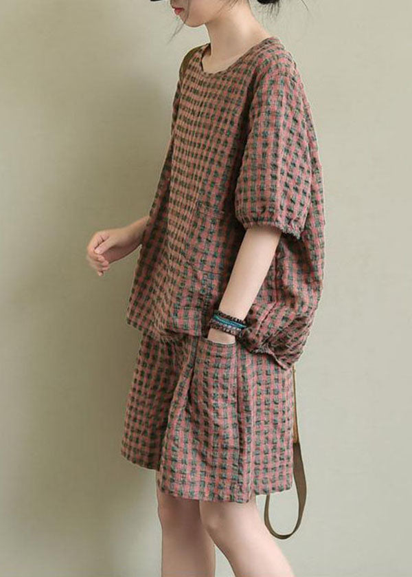 Pink Plaid Patchwork Tops and Shorts Cotton Two Piece Suit Summer
