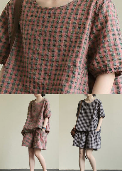 Pink Plaid Patchwork Tops and Shorts Cotton Two Piece Suit Summer