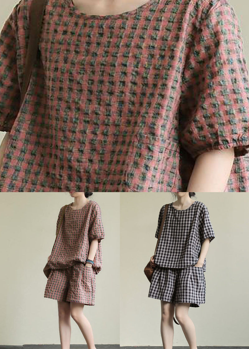 Pink Plaid Patchwork Tops and Shorts Cotton Two Piece Suit Summer