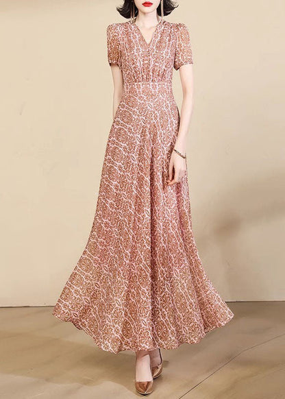 Pink Print High Waist Chiffon Maxi Dresses Summer
