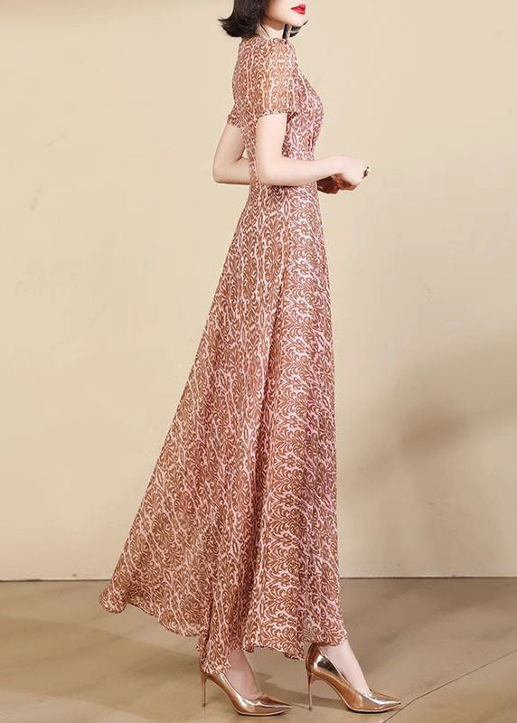Pink Print High Waist Chiffon Maxi Dresses Summer