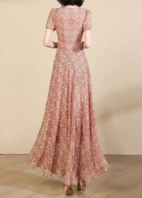 Pink Print High Waist Chiffon Maxi Dresses Summer