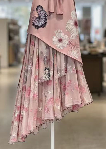 Pink Print Lace Up Patchwork Chiffon Skirts Summer