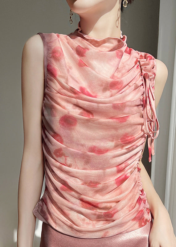 Pink Print Wrinkled Lace Up Tulle Tops Sleeveless