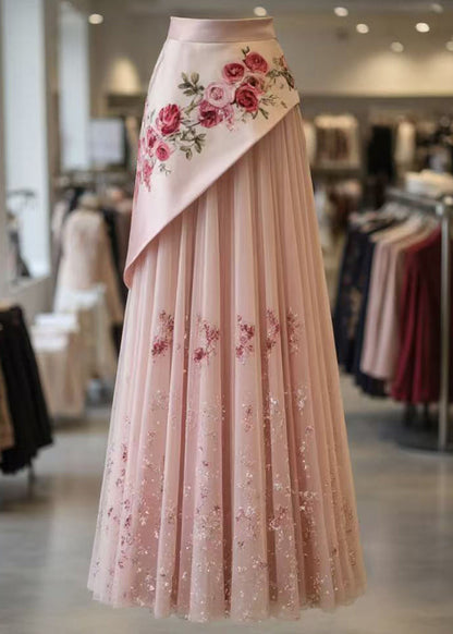 Pink Print Wrinkled Tulle Patchwork Skirt Summer