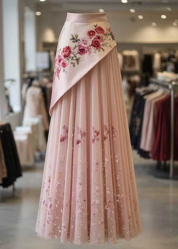 Pink Print Wrinkled Tulle Patchwork Skirt Summer