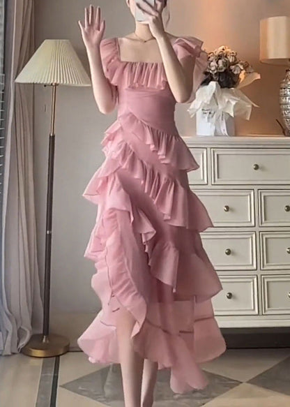 Pink Ruffled Asymmetrical Design Patchwork Chiffon Dresses Summer