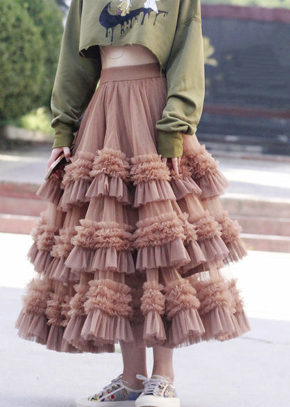 Pink Ruffled High Waist Tulle Skirt Spring