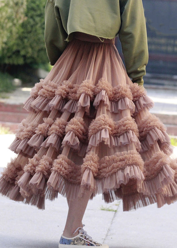 Pink Ruffled High Waist Tulle Skirt Spring