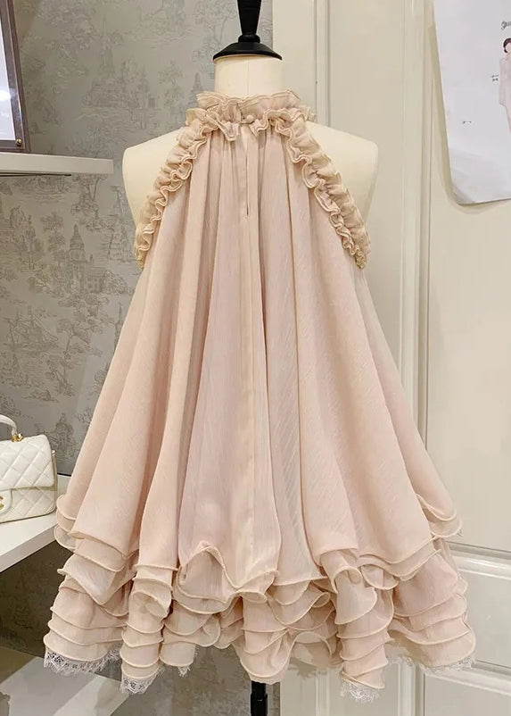 Apricot Ruffled Lace Tulle Mini Dress Sleeveless